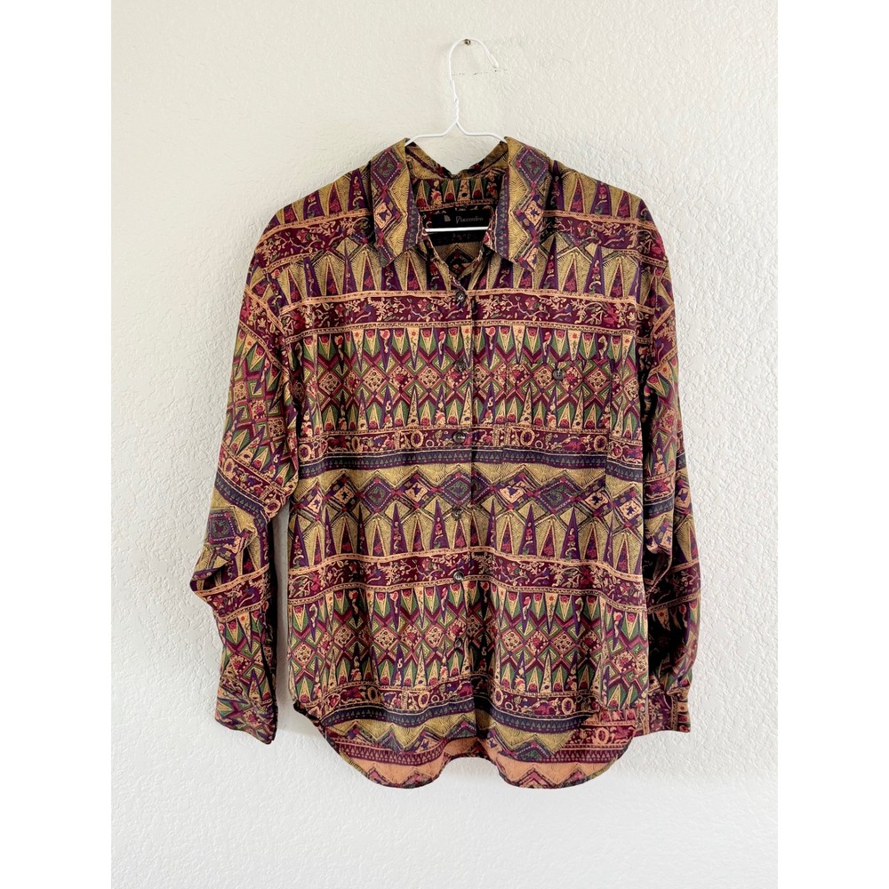 Liaccendino Button Down Shirt Women Large Burgundy Vintage Silk Print 90s